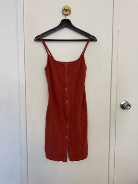Button-Front Spaghetti Strap Dress in Rust